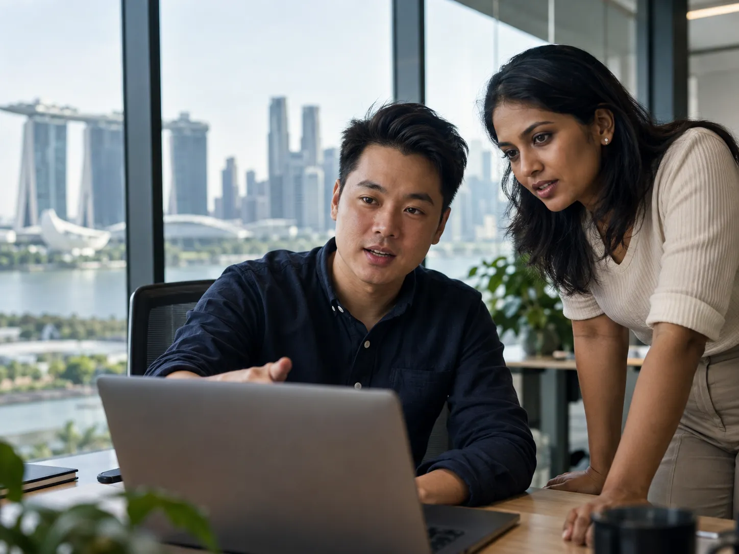 Two colleagues reviewing an agent workflow on a laptop, Marina Bay beyond the window