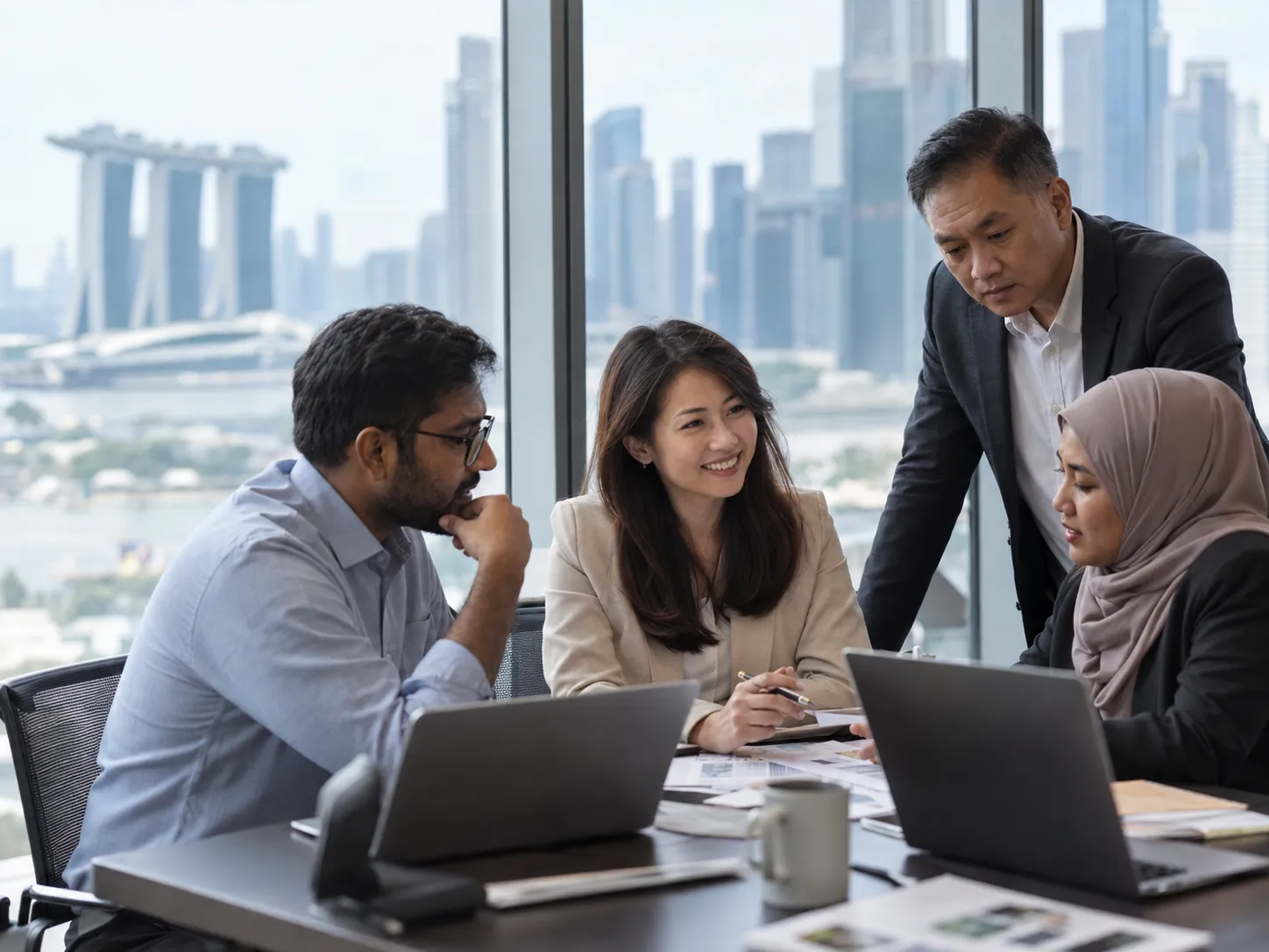 A leadership team working through an AI roadmap in a Singapore office, Marina Bay beyond the window